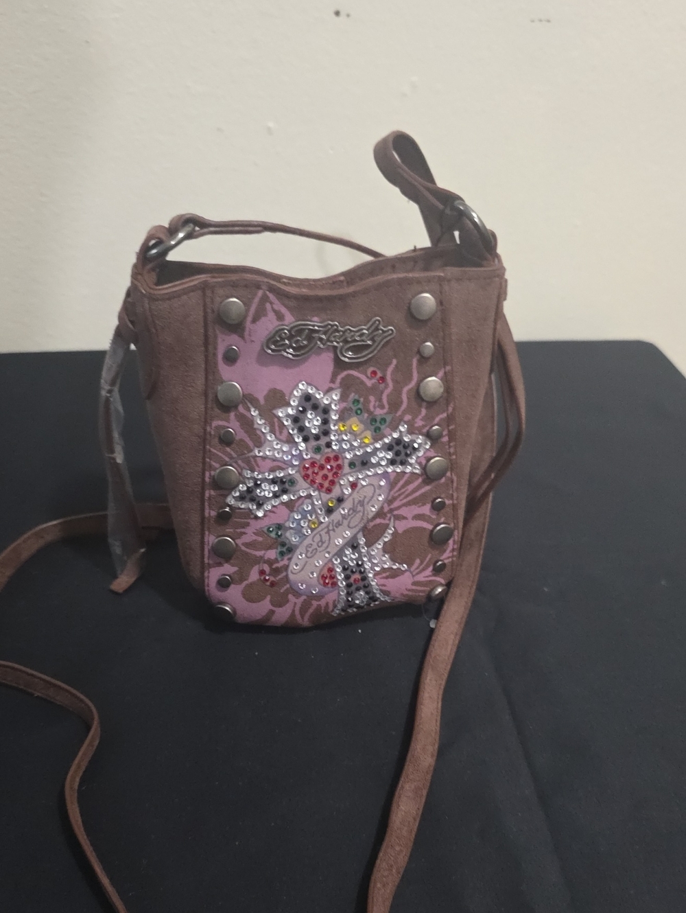 Ed Hardy Brown & Pink Studded Mini Crossbody with Sequin Cross